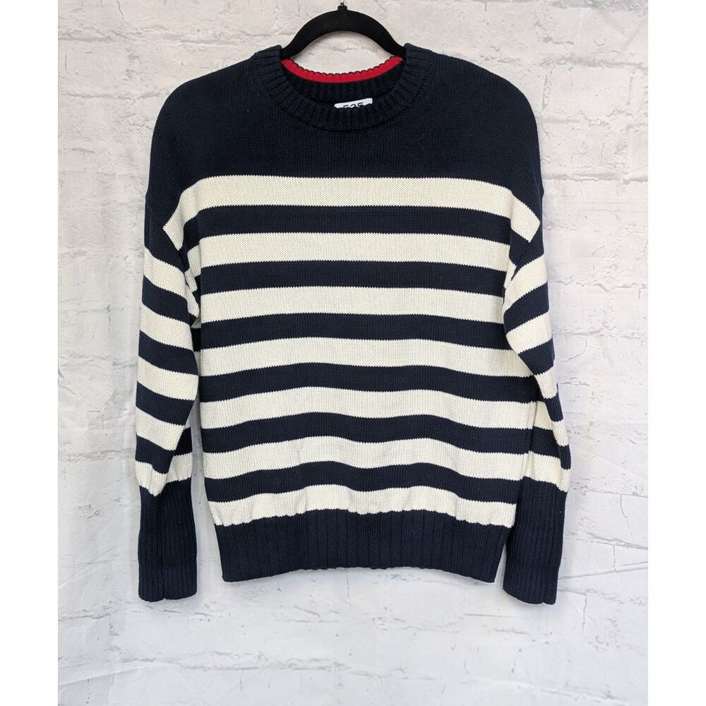 525 America Navy White Striped Shaker Knit Sweater Red Neck Trim Womens Small S